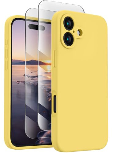 FireNova Silikon-Schutzhülle Entworfen für iPhone 16, verbesserter Kameraschutz, Handyhülle mit 2 Displayschutzfolien, weiches kratzfestes Mikrofaserfutter innen, 15,5 cm, Gelb