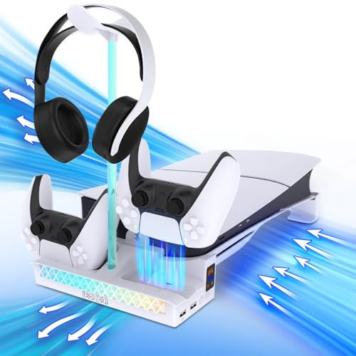 Sehawei Soporte para PS5 Slim con Ventilador de 2 Velocidades, Cargador para Mando PS5 con Luz LED, Soporte PS5 Horizontal con 2 Puertos USB y Holder Headphone para PS5 Slim Consola