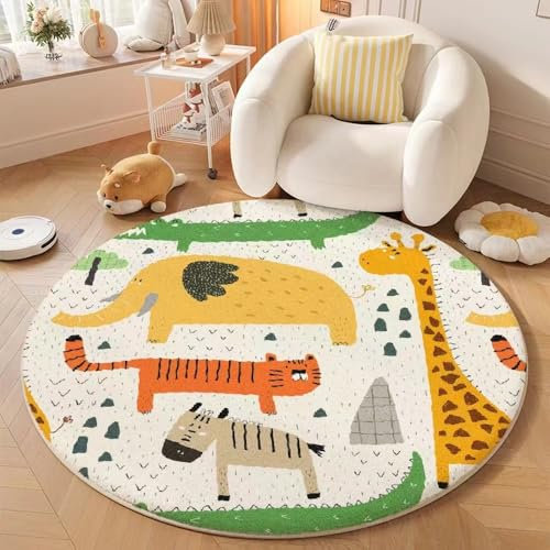 YATOLA Runde Teppiche Weiche Waschbare Kinderzimmerteppiche Flauschige Kurzflor Schlafzimmer für Babyzimmer Kleinkinderzimmer Bereich Stern Alphabet Creme Teppich Groß Tier Löwe (Creme 1, Ø80cm)