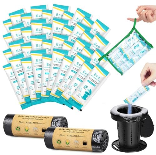 BLIKA 40 Count Camping Toilet Bags Eco Absorbent Gel Set, Portable Toilet Bags with Gel, 8 Gallon, 30 Liter, Heavy Duty 1 Mil, Toilet Replacement Bags with Toilet Powder for Camping Outdoor Hiking