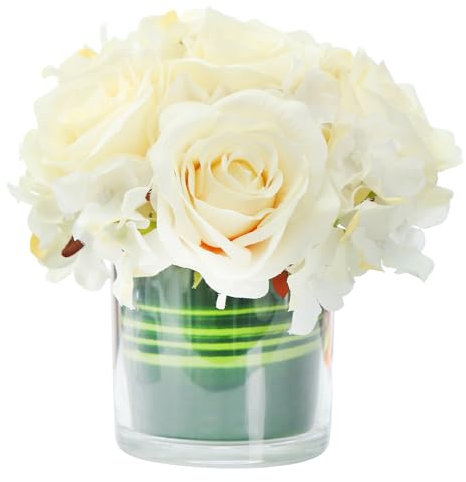 GreenHouzz Centros de mesa artificiales de seda con rosas y hortensias, arreglos florales sintéticos en jarrón de cristal para decoración de mesa del hogar, boda (champán)