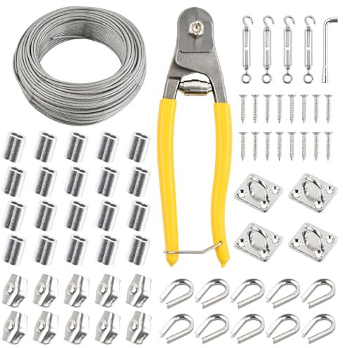 50m Filo per Stendere Il Bucato da Esterno 3mm, 67 PCS Kit Tiranti per Filo Stendibiancheria Acciaio Inox 7x7 con 20 Anello Aggraffatura, 4 Ganci Quadri, 4 Tenditori, Staffe Stendere i Panni Esterno