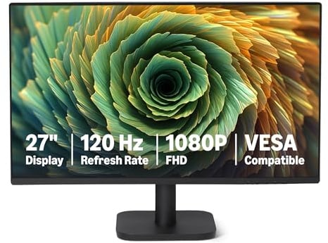 Amazon Basics Monitor per Computer da 27 Pollici 120 Hz, FHD 1080 P, HDMI, DP, VGA, Compatibile VESA, per Ufficio, Casa, Nero