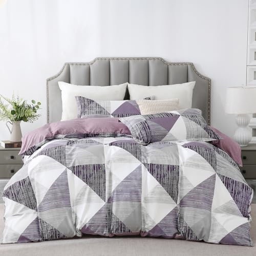 Duvet Cover Set King Size Geometry Bed Cover Beddding Set with pillowcases for Teens Adults Soft Microfiber Polyester Geometry Bedding, Purple, 230x220cm