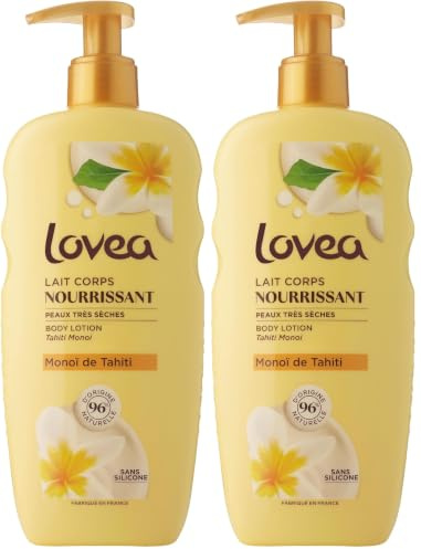 LOVEA - Lait Corps - Monoï De Tahiti - Nourrit & Adoucit - Pour Peaux Très Sèches - 96% D'Origine Naturelle - Sans Silicone - Vegan - Fabriqué En France - 250 ml (Lot de 2)