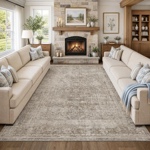 FMFUNCTEX 8x10 Waschbarer Teppich Vintage Neutral Distressed Large Taupe Non Slip Teppich für Wohnzimmer Schlafzimmer Weicher Niedriger Flor Innenmatte Retro Blumen Überwurf Teppich für Esszimmer