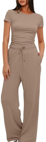 Women 2 Piece Set Outfit Summer Casual Tracksuit Short Sleeve Crop Tops and Drawstring High Elastic Waisted Wide Leg Pants Tracksuit Yoga Joggers Suit Lounge Wear Full Sets