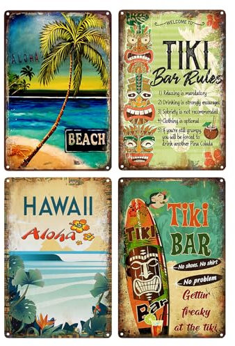 Wasise Tiki-Barzubehör – Set mit 4 Tiki-Bar-Blechbildern, 20 x 30 cm, tropische Wandkunst, Barzubehör, Vintage-Bar-Schilder mit Strandstatue und Aloha-Designs, Bier-Cocktails, Stranddekor-Schild