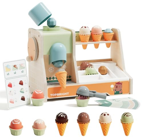 TOP BRIGHT Wooden Ice Cream Pretend Play Toys, Play Kitchen Set for Kids with Ice Cream Counter & Scoop & Menu, Montessori Toys for Boys Girls Capybara Gift Age 3+