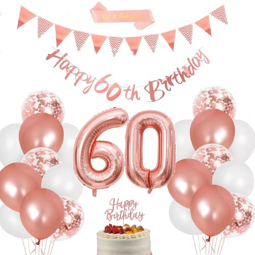 60. Geburtstag Deko, Rosegold Luftballons 60. Geburtstag für Frauen | Rose Gold Folienballon Zahl 60, Happy 60th Birthday Banner, 60 Geburtstags Fabulous Sash, Cake Topper für 60 Geburtstagsdeko