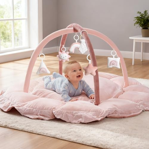Mallify 5-in-1-Wandelbares Spielbogen Baby mit 6 Spielzeug, Spieldecke mit Bogen & Bällebad, Baby Spielbogen 0-6 Monate, weiche Krabbelmatte Spielmatte, Baby Gym Play Mat für Mädchen, Hellrosa