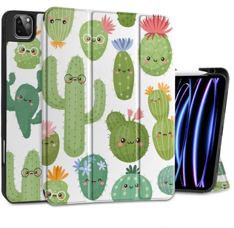 MEEgoodo for iPad Pro 12.9 Case M2 6th/5th/4th/3rd Generation 2022 2021 2020 2018 with Pencil Holder, Tablet Cover with Soft TPU Back Shell, Smiley Cactus