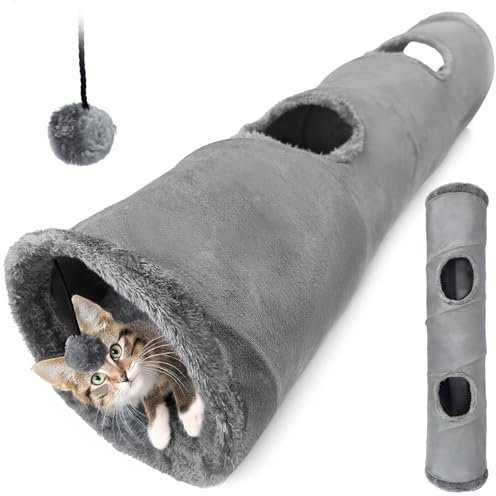 MERSJO Katzenspielzeug Tunnel, 120 x 25 cm, Plüsch-Katzentunnel mit Knistermaterial und Spielball, Grau