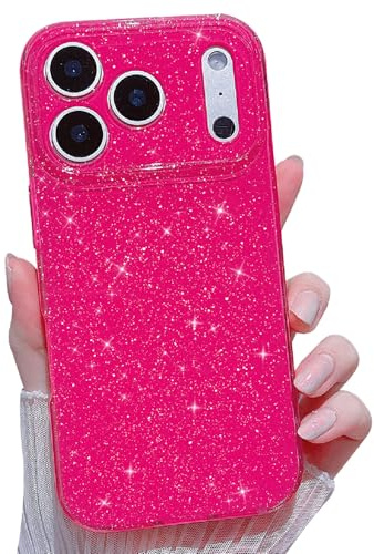 Finyosee Compatible with iPhone 17 Pro Max Neon Case,Cute Aesthetic Bling Glitter Thin Slim Shockproof Soft TPU Sparkly Shiny Girly Cover for Women Girl for iPhone 17 Pro Max Case 6.9 inch-Hot Pink