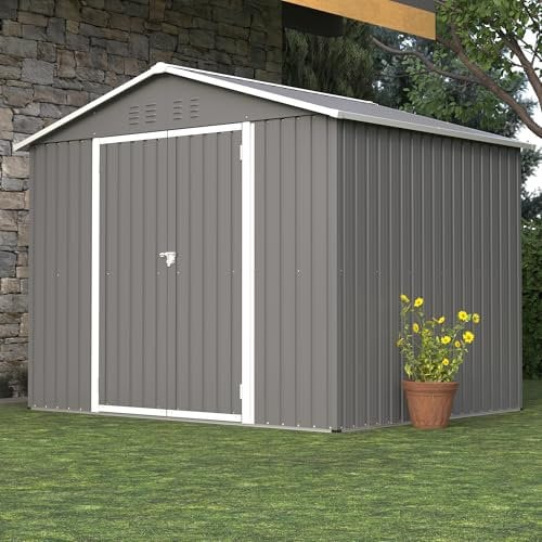 Wohh Gerätehaus Gartenhaus Inkl, Metall Tool Shed mit Klapptür, Anthrazit-Farbe Ideal für Gartengeräte und Werkzeugaufbewahrung, Gartenschuppen für Outdoor Garten Terrasse (Gray, 8x6FT)