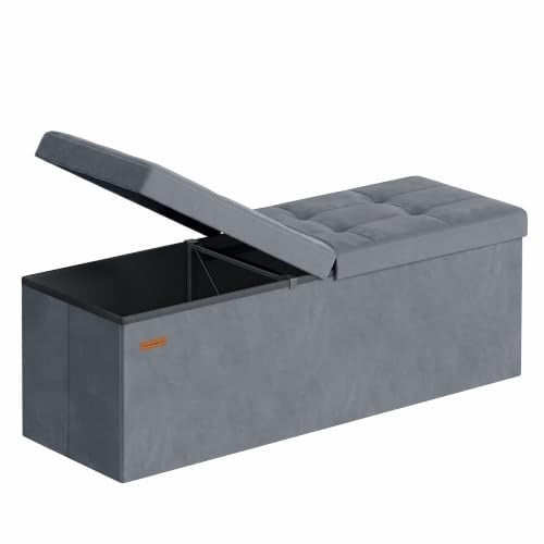 SONGMICS Pouf Pieghevole, Cassapanca, 38 x 110 x 38 cm, Coperchio Ribaltabile, Capacitàdi Carico Statico 300 kg, per Corridoio, Soggiorno, Camera da Letto, Velluto, Grigio Ardesia LSF078GN01