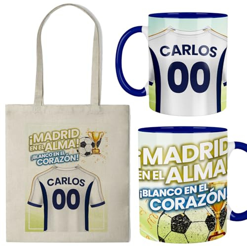 Kembilove® Taza + Bolsa Personalizada de Fútbol | Diseño Blanco “Madrid en el Alma” con Nombre y Número | Regalo Original para Niños, Niñas y Adultos Aficionados al Fútbol