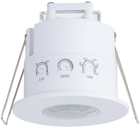 SEBSON Bewegungsmelder Unterputz Decke, Präsenzmelder 6m 360° | PIR Sensor erkennt Atembewegungen, LED geeignet 1000W, programmierbar, IP54, Melder Ø75x67mm, Einbauloch Ø63-68mm, 3-Draht