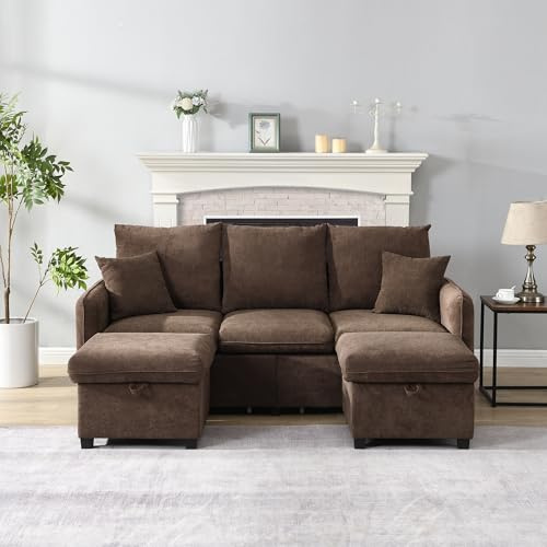 Ball & Cast U-förmiges Couch mit Schlaffunktion, 3-Sitzer Sofa mit 2 Staufußhocker aus Chenille-Bezug für das Wohnzimmer Wohnung Villa, 188 x 86 x 186 (BxHxT), Antikbraun