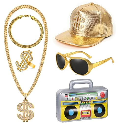 Hip Hop Kostüm Accessories,80s 90s Rapper Zubehör mit Golden Baseball Cap Aufblasbare Boombox Dollar Kette Ring Armband Brille,Hip Hop Schmuck,für Fasching Karneval Mottoparty