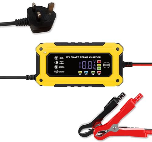 12V/6A Smart Battery Charger and Maintainer - Fully Automatic with LCD Display, Temperature Compensation & Pulse Repair - Compatible with Lead-Acid, AGM, EFB, GEL Batteries for Car (yellow)
