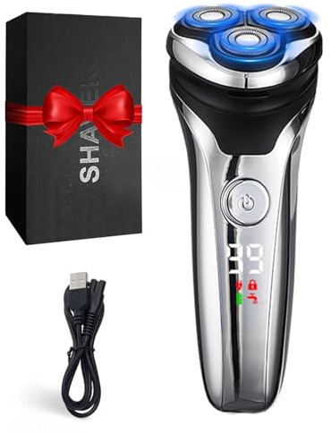 Electric Razor for Men Silver Edition, Mens Shavers Electric Cordless Rechargeable with LED Display, 3 Dual-Track Rotary Heads, IPX5 Waterproof Electric Shavers Men with Pop-Up Trimmer