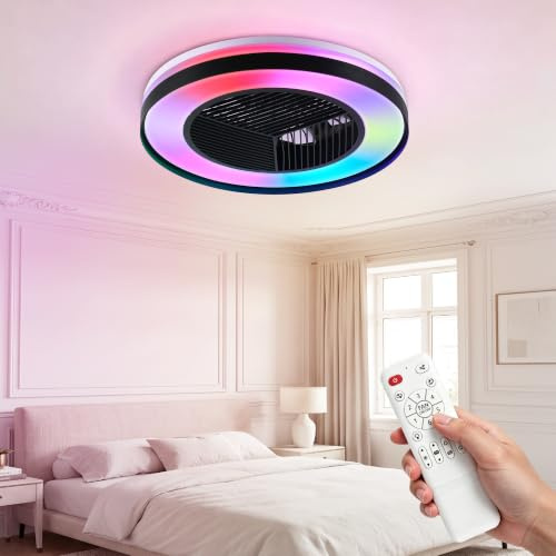 DOMANKI Deckenventilator mit Beleuchtung 50 cm RGB, Leiser DC-Motor Dimmbar Sommer-/Wintermodus, Fernbedienung, Schwarz