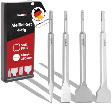 siwitec SDS Plus Meißelset 4-teilig – 1x Spitzmeißel, 1x Flachmeißel, 1x Breitmeißel 1x Fliesenmeißel 250 mm lang, Meißel SDS PLUS, Schlagfest für Beton, Mauerwerk & Fliesen