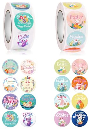 2 Stück Ostersticker Aufkleber, Fröhliche Ostern Aufkleber Rolle, Bunny Runde Aufkleber, Geschenk,Papiertüten, Oster Sticker Easter,Osteraufkleber für Bastelarbeiten, Party Geschenke Dekoration