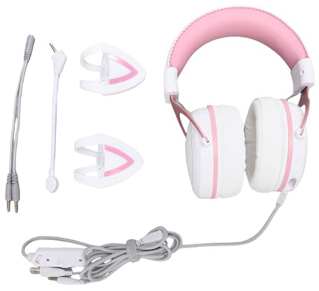 Tomvorks Gaming Headset Wired PC RGB Luminous Noise Reduction Over Ear Headphones with Mic for Gaming Enthusiasts (White Pink with Cat Ears Decor)