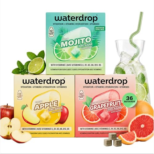 waterdrop® Mocktail Set – Mojito Sin Alcohol, Manzana & Pomelo | 36 Cubitos de Bebida Sin Azúcar con Vitamina C & B | Cóctel Sin Calorías, Sin Alcohol, Vegano