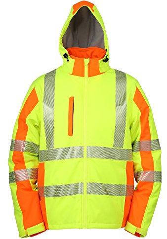 Warnschutz-Softshelljacke Winter, warm gefüttert, abnehmbare Kapuze (S, Neongelb/Warnorange) winddicht, wasserabweisend, atmungsaktiv, mit Reflexstreifen, Warnschutzjacke Softshell Arbeitsjacke