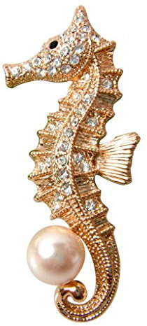 Navachi Broche en forme d'hippocampe plaqué or 18 carats avec perles et cristaux, Cristal, Cristal