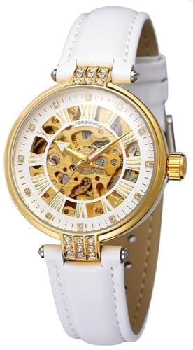 MASTOP Damen Strass Skelett Uhr Edelstahl Automatik Mechanische Armbanduhr Lederband für Damen, Silber, Weiß, Skelettuhr, mechanisch
