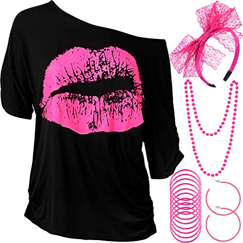 Blulu Damen 80 Jahre Kostüm Set T-Shirt Stirnband, Rosarot, XXL | T-Shirt mit Lippen Drucken, Spitze Stirnband Halsketten Armband und Ohrring, Für 80 Jahre Thema Party