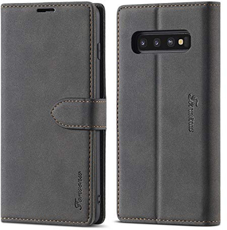 LOLFZ Hülle für Samsung Galaxy S10 Plus, Premium PU Leder Handyhülle mit Kartenfach Ständer Magnetische Schutzhülle Kompatibel mit Galaxy S10 Plus - Schwarz