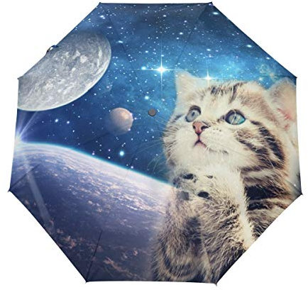 Weltraummond Katze Regenschirm Auf-Zu Automatik Taschenschirm Winddichter Umbrella Klein Leicht Schirm Kompakt Schirme für Jungen Mädchen Reise Strand Frauen