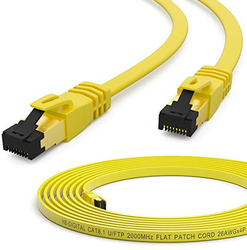 HB-DIGITAL 0,5m Cable de conexión CAT.8 LAN plano Cable de red U/FTP LSZH 2xEnchufe RJ45 Cobre Pro Slim flexible 40 Gbits Puerto Ethernet 2000 MHz Cable de Internet PC Router Switch Módem TV amarillo