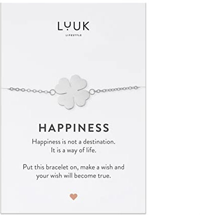LUUK LIFESTYLE Modernes Edelstahl Armband für Damen mit Anhänger, Geschenkidee mit Spruchkarte, filigraner Freundschafts Schmuck, wasserfest & alltagstauglich, vierblättriges Kleeblatt, Silber