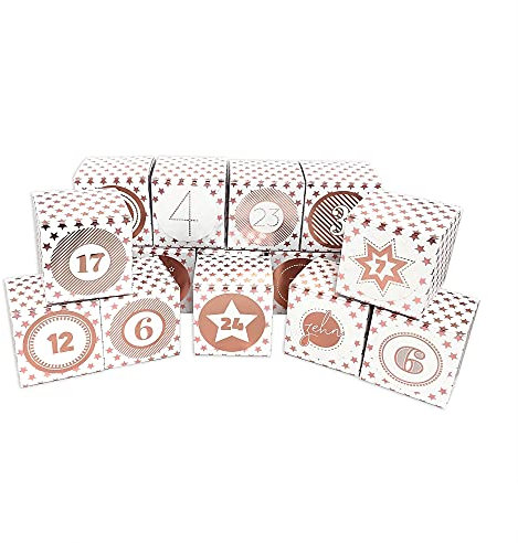 Frau WUNDERVoll® DIY Adventskalender Vorfreude zum Befüllen,Faltschachteln rosegold Sterne 7x7x7cm(gefaltet),XL Ziffern rosegold/Weihnachten,Aufkleber,Würfelbox,Schachteln
