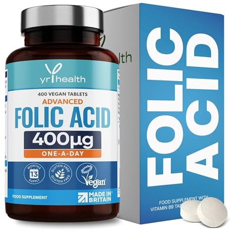 Folic Acid 400 mcg Tablets - 400 Vegan Vitamin B9 Tablets for Women, 13 Month Supply, Folic Acid Pregnancy for Normal Function of Immune System and Maternal Tissue Growth - Made in The UK by YrHealth