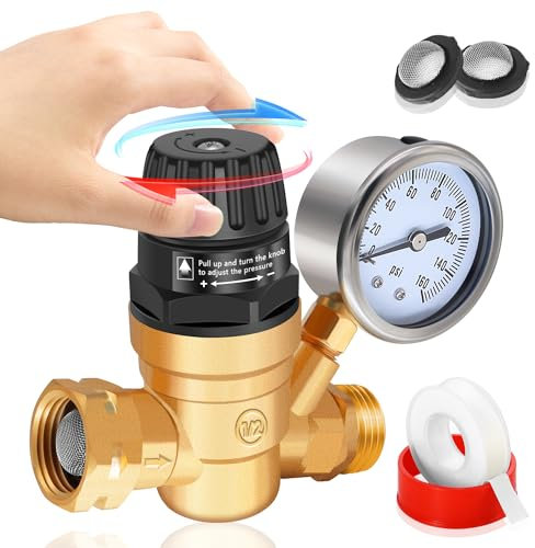 Boltigen RV Water Pressure Regulator with Gauge, Adjustable Brass Globe Valve for RV Camper, Travel Trailer, Garden, Home, Plumbing System