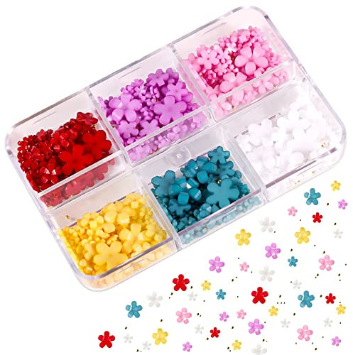 KINBOM 1000pcs Colorful 3D Nail Flowers Charms, Acrylic Flower Nail Art with Silver and Gold Beads Flat back Flower Nails Decoration Accessories for DIY Nail Design Jewelry Making (6 Colors)