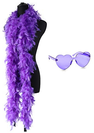 db11 Bunte Federboa, 2 m Federboa für Damen, zum Tanzen, Hochzeit, Party, Cosplay, Halloween, mit herzförmiger randloser Sonnenbrille (lila)
