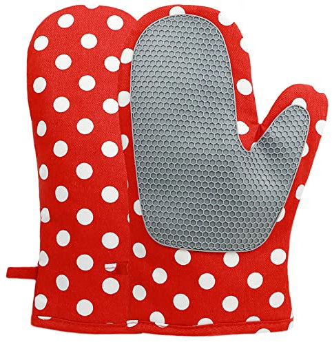 Win Change Ofenhandschuhe und Topflappen BBQ Handschuhe,Ofenhandschuhe und Topflappen mit recycelter Füllung Silikon rutschfeste Kochhandschuhe zum Kochen Backen Grillen (2-teiliges Set) (rote Punkte)