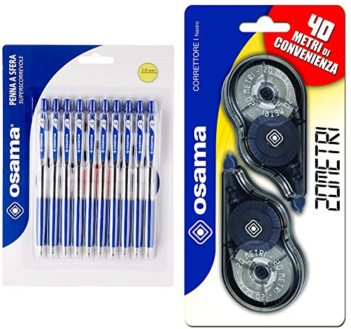 OSAMA OBG penne a sfera a scatto scorrevoli e precise Colore blu- 10 pezzi Correttore a Nastro, 2 pezzi/20 metri
