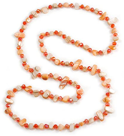 Avalaya Salmon Shell Nugget and Orange Glass Bead Long Necklace - 115cm Long