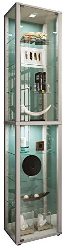VCM Glasvitrine stehend | Vitrine Glas mit ESG-Sicherheitsglas | Maße ca. H. 227 x B. 50 x T. 38 cm | Standvitrine Glas | Modern und platzsparend | Glas Vitrinenschrank – Kavisa XL Silber