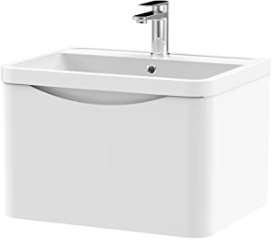 nuie LUN105 Lunar Modern Bathroom Wall Hung 1 Drawer Vanity Basin Unit & Polymarble Basin, 600mm, Satin White