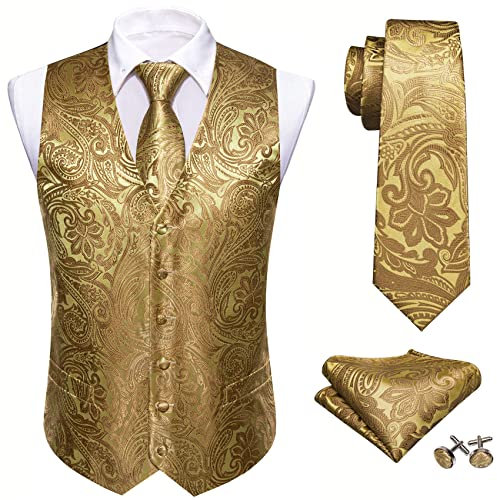 Barry.Wang Herren Paisleymuster Blume Jacquard Seide V-Ausschnitt Anzug Weste und Krawatte Einstecktuch Manschettenknöpfe für Hochzeit Smoking Abschlussball, gold, XL